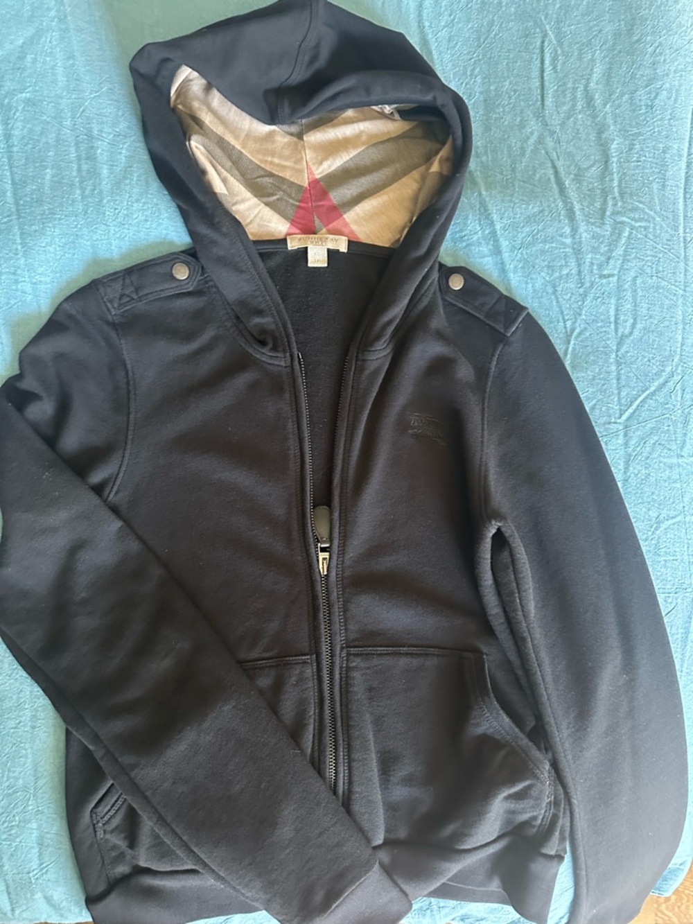 Burberry Black Hooded Zip Jacket with Patterned Hood Lining